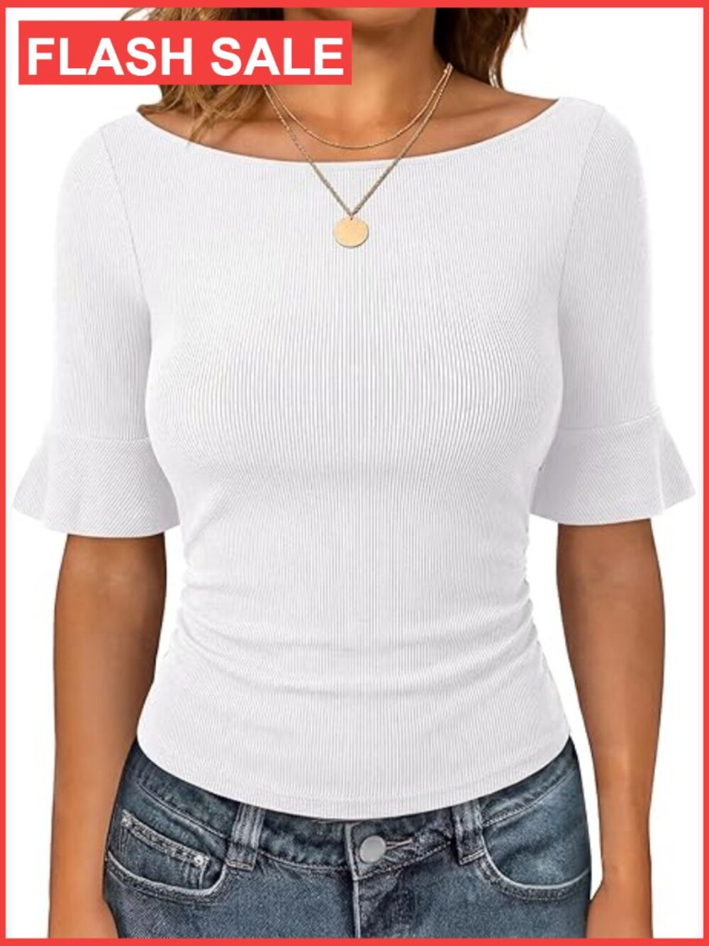 Boat Neck Bell Short Sleeve Ruched Crop Top Work Blouse